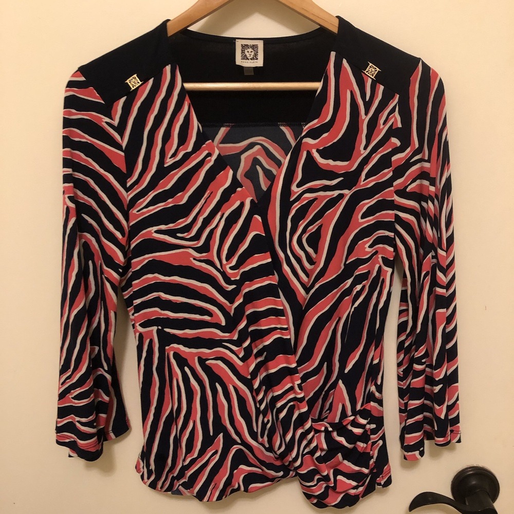 Anne Klein Crossover V front Balloon Waist Women's Top S Bell Sleeves Navy/Pink